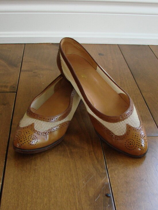 Ralph Lauren Shoes - Ralph Lauren Leather Ballet Flat Brown Cream Mesh Flats Loafers Wingtip Size 6.5